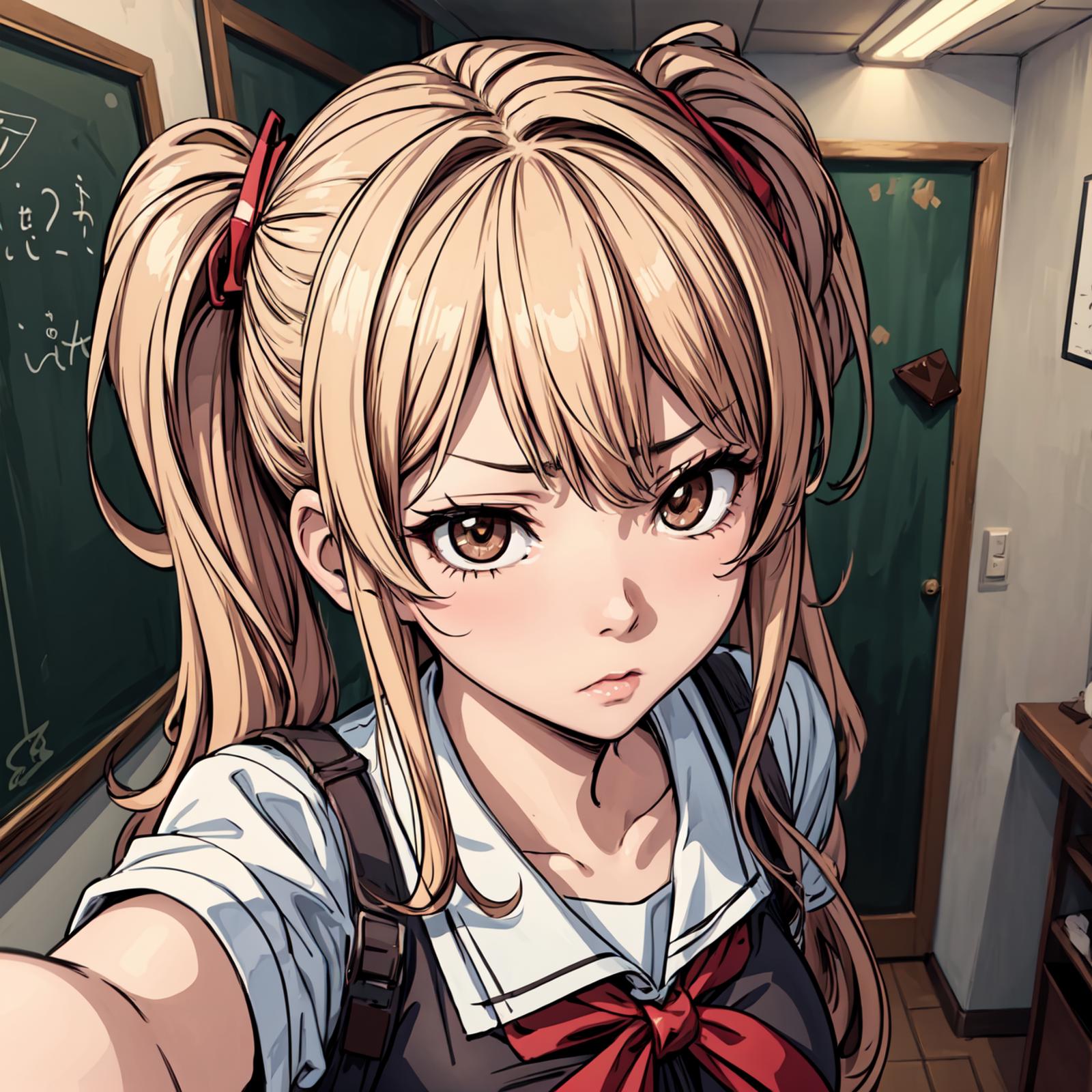 A girl wearing a school uniform and pigtails takes a selfie.