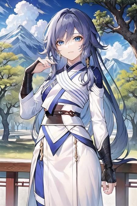 (masterpiece, top quality, best quality, official art, beautiful and aesthetic:1.2),extreme detailed,(fractal art:1.3),long hair,blue eyes,small breasts, Fu Hua(Taixu),1girl,solo,chinese clothes,black gloves, <lora:Fu Hua_Five in one_v1.0:0.8>,tree,blue sky, cloud, mountain,