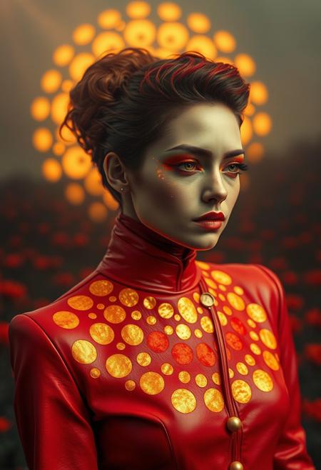 By Eric Lacombe By Patrice Murciano Frostpunk Fashion Photography, red and gold, minimalism, smoked eye shadow, illuminated golden bulging biomorphic dot pattern, volcanic landscape, flame flowers, bokeh ashes, volumetric particle dust, powdered paint pigment, vivid color, misty aether houte - couture rococo leather clothing, holga medium format camera, etherial lighting, backlighting, in the style of. . ., professional ominous concept art, by artgerm and greg rutkowski, an intricate, elegant, highly detailed digital painting, concept art, smooth, sharp focus, illustration, in the style of simon stalenhag, wayne barlowe, and igor kieryluk.