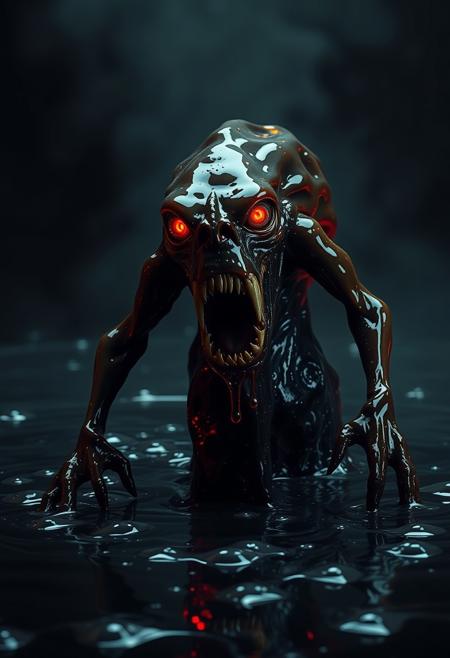 Photo of a terrifying creature emerging from a pool of dark, sticky liquid. Its body is a twisted mass of bubbling syrup, with jagged, sharp teeth made of glass and metal, resembling broken bottles. The monster's eyes glow an eerie, unnatural red, and its limbs are elongated, dripping with the same syrupy substance that trails behind it. The surface of its skin is slick and shiny, with fizzing bubbles that seem to burst and reform constantly. The background is dimly lit, with only the faint glimmer of red light reflecting off the creature's glossy body. The atmosphere is unsettling and ominous, evoking a sense of dread as the creature advances, leaving a trail of dark, viscous liquid in its wake. <lora:aesthetic10k:1.2>