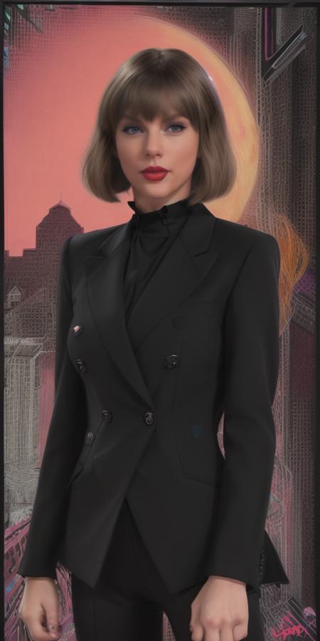 <lora:Taysway_V5-10:0.8> Taysway, adult woman, (((block fringe hair))), red lipstick, 80s movie poster themed, 80s poster style, psychedelic, mind blowing, trippy, retro artwork, ((wearing a smart black suit)), (window background)