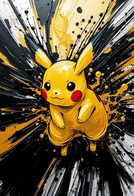 A hyper-stylistic, extremely detailed image depicts a breathtaking painting, crafted from a combination of smeared black and gold metallic paint. A Pikachu is captured in a streaked motion, as if it is moving rapidly in one direction. The black paint is applied in bold, dynamic strokes, creating a sense of energy and movement that is contrasted beautifully by the golden accents. The gold paint is used to highlight the Pikachu's features, adding a sense of depth and dimensionality to the image. The overall effect is one of breathtaking, surreal dynamism, as if the viewer has captured a fleeting moment in time. Every detail of the image is meticulously crafted, from the delicate, swirling patterns of the gold paint to the intricate, textured patterns of the black paint. The contrasts between light and dark, color and texture, create a sense of tension and energy that draws the viewer in, inviting them to explore the kinetic world of the painting. highest-Quality, intricate details, visually stunning, Masterpiece