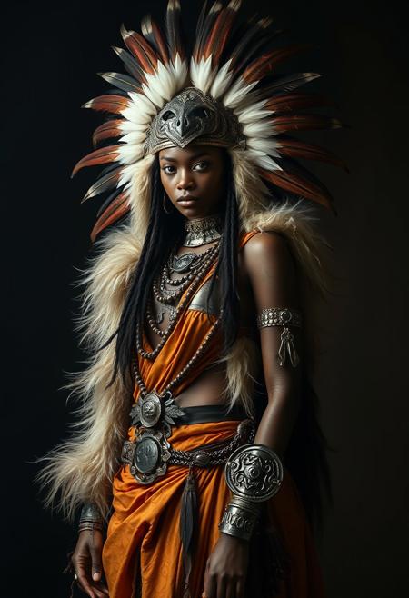 Full shot, standing pose, African female warrior princess, Eiko Ishioka fashion costume, fur, feathers, metal, leather, damask fabric, top soft light, dark environment, highly detailed, melancholic, Oil painting 
in the Style of Gerald Brom, soft light, hyper clean stroke, (Oil painting style)))