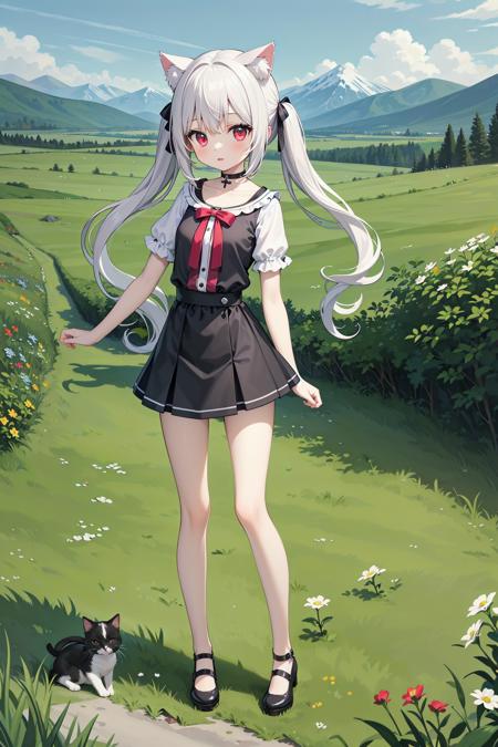 (((masterpiece))), best quality, illustration, 1girl with light white long hair, beautiful detailed red eyes, light white long straight hair, (cute), (petite), slim, solo, solo focus, standing, full body, cat ears, twintails, mini skirt, sky, grass, mountains