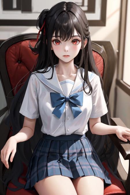 masterpiece, best quality, highres, 1girl red ribbon hair ribbon, serafuku white shirt blue bow blue skirt plaid skirt <lora:nagisa_natsunagi:1> sitting on chair