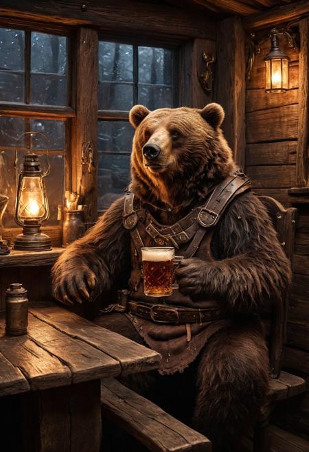 fantasy anthropomorphic a brown bear warrior in dark tavern holding a pint of ale in a cozy environment with gas lamps rustic wood warm brick fireplace and frosted glass windows