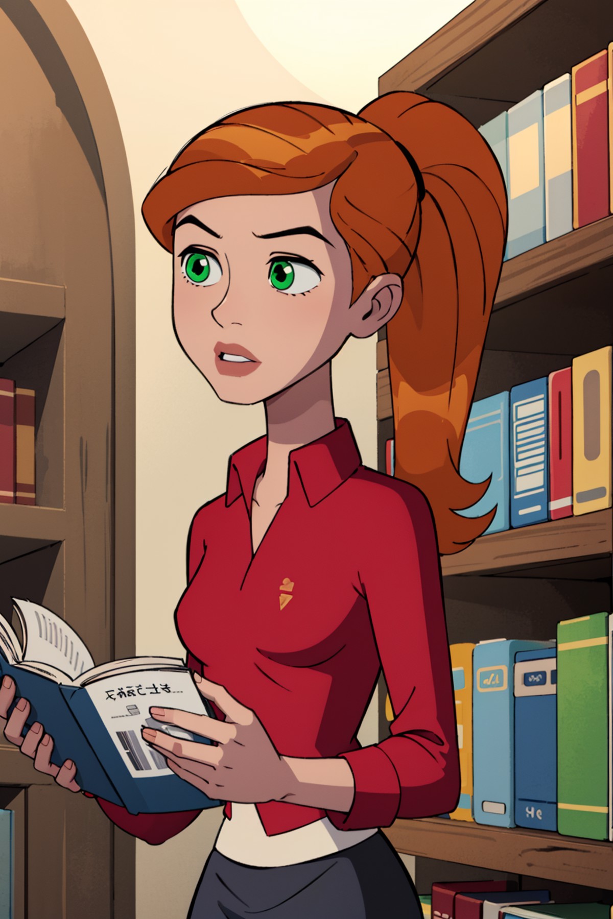 1girl,solo,reading,book,library,ponytail,orange hair,green eyes,lips,red shirt, long sleeves, skirt