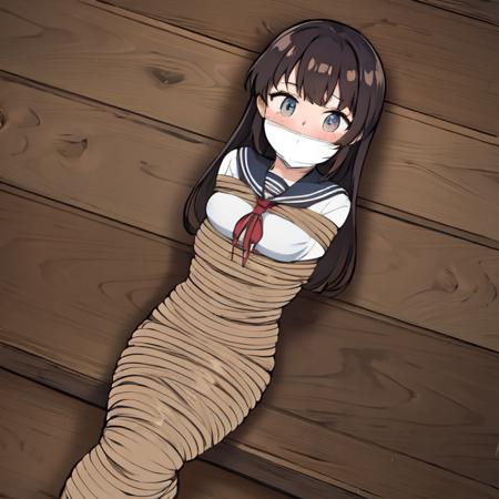 (masterpiece, best quality:1.3),1girl,(beautiful detailed eyes),
1girl, solo,,middle breasts,serafuku,sailor,school uniform,sexy body,rope,rope bondage,brown rope
solo,arms behind back, bound arms,tape gag, bondage, gagged, bound legs,<lora:wrapgag7:0.7> <lora:rope:0.7>,mummification,mummified,latex,duct tape,