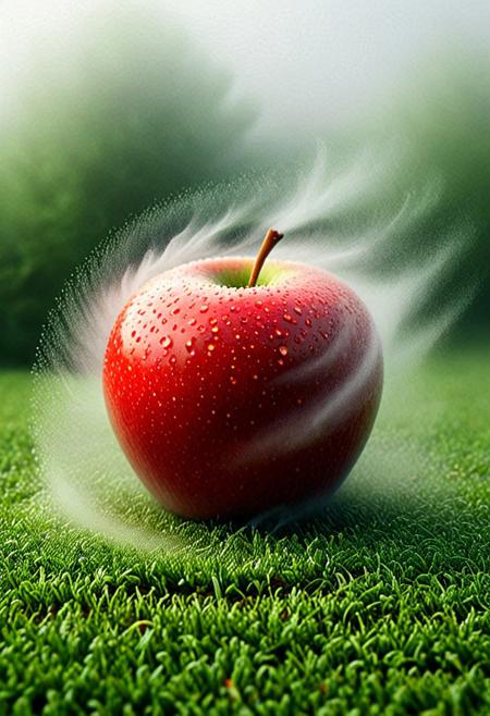 8k, Tilt shift photography style, swirling a apple, ( Unmanned:1.2), ( thick fog:1.4),