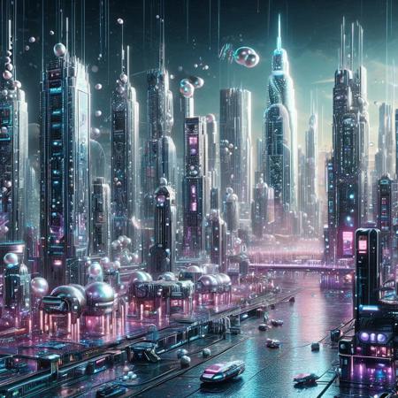 Pearlum,
8k, score_9, score_8_up, score_7_up,
masterpiece,realistic,ultra detailed, vibrant colors,photo-realistic,
A cyberpunk cityscape with iridescent pearl-like skyscrapers, glowing neon lights in blue, pink, and purple, holographic billboards, floating drones with pearl sheen, reflective water surfaces, intricate cybernetic details, futuristic and elegant, ultra-detailed, cinematic lighting, pearlescent textures, vibrant, dystopian yet luxurious atmosphere