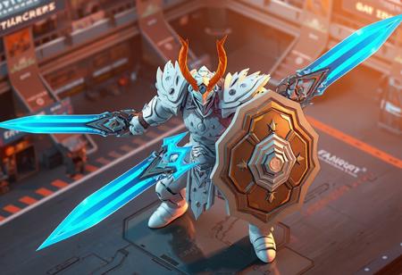 Ultra-HD 8K isometric render (Unreal Engine 5 + Octane) of 'Gouki The Blade Ogre' in dynamic battle stance. This white-armored warrior-guardian wields dual blue-orange energy swords and a matching hexagonal shield, poised against a F.A. Circuit Grand Prix cyber-fantasy arena.