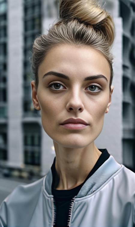 <lora:wallis_day_xl_lora_33:1> wallis day woman, (eye level, headshot:1.2) photo of woman with dirty
 blonde highlights, she is wearing track suit , her hair is styled as 
sleek bun, BREAK she is (in the veranda:1.1),background city of Toronto,  dramatic edge lighting, (shot on GoPro Hero:1.4) ,Velvia 100 ,Voigtlnder Nokton 50mm f1.1 
,hologram effect,