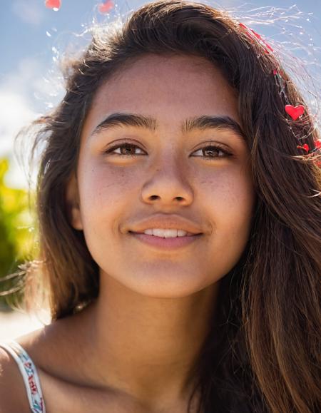 Create an ultra-high-resolution, DSLR-quality, close-up, image of a 20-year-old Polynesian-Euro model sitting under the diffused sunlight filtering through palm trees in a serene beachside park. Her flawless skin, with natural skin pores and nuances, glows with a sun-kissed radiance.

Her face is a masterpiece of balanced features – soft, youthful contours combined with a mature expression that exudes compassion and optimism. A warm, gentle smile spreads across her lips as she gazes out at the horizon, lost in thought. Her eyes are pools of deep, expressive brown, filled with a wistful yet hopeful glint.

The model's dark hair is windswept, with strands framing her face in effortless elegance. She wears elegant, natural-toned clothing that complements her skin and adds to her refined beauty. Every detail – from the delicate shape of her ears to the subtle slope of her shoulders – is rendered in exquisite fidelity.

Above her, a dreamlike sky whispers secrets – soft, abstract forms swirl within the clouds, inviting the viewer's imagination. A heart shape emerges subtly, only to vanish, leaving behind tiny red hearts that flutter playfully in the breeze.

The lighting is Rembrandt-inspired, with soft, diffused shadows that highlight her features without harshness. The scene exudes a sense of serenity and enchantment – as if captured in a fleeting moment of beauty and wonder.
