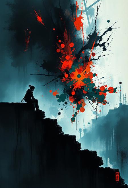 A quiet solitary figure sitting on a crumbling wall, their shape dissolving into a vibrant explosion of brushstrokes, merging delicate illusions with emotional dynamism.
surreal nightmarish realism, intricate ink cross-hatching with hyper-detailed painting, cinematic dramatic lighting, eerie ghostly landscapes, psychologically intense figures, twisted dreamlike horror, deep chiaroscuro shadows, dark atmospheric storytelling