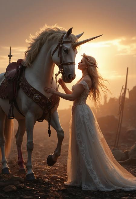 cinematic film still breathtaking In the aftermath of a fierce battle, the Fey Enchantress stands beside her majestic unicorn, its head and horn stained with the blood of their enemies. She is beautiful young French woman, wearing a flowing white lace dress with ornate embroidery ,her skin glows with a holy aura, a Laurel wreath on her head, a golden girdle around her waist, ethereal, her hair is blonde ,  Her hands glow with a soft magical light gently brushing the unicornâs mane as she heals and soothes it, her expression both serene and sorrowful.
The magical regal unicorn wearing a saddle, once pure white now covered in blood, its horn now tainted by the blood of those who fell before it. The enchanted beast lowers its head toward the Enchantress, trusting in her gentle touch, while the air around them hums with lingering magic, the unicorns head and horn are covered in vast amounts of  blood

<lora:artisketchyfs-v02:0.5> . award-winning, professional, highly detailed . shallow depth of field, vignette, highly detailed, high budget, bokeh, cinemascope, moody, epic, gorgeous, film grain, grainy