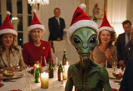 rosewell alien at a party with world leaders, christmas hats, festive, hyperdetailed photography, cinematic lighting