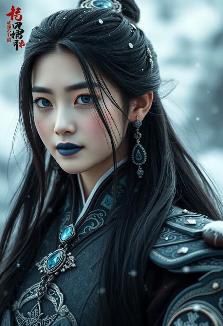 full shot of a chinese warrior girl, long hair, black hair, jewelry, (blue eyes:1.1), makeup, blue lipstick, pale skin, white skin, armour, earrings, wearing elegant costume, in the moutains at winter, winter, snow in the background,  skin texture, best quality, ultra-detailed, analog style, cinematic light, sidelighting, ultra high res, small smile, closed mouth, Kang-Jin Star, Wukong