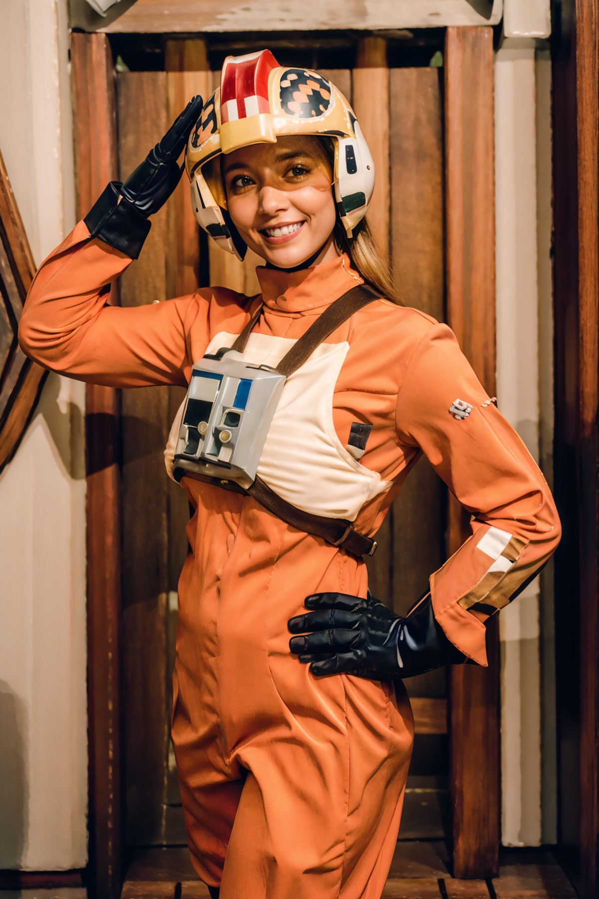 woman in rebel pilot suit,wearing helmet,saluting,in military quarters, masterpiece,intricate details,smiling,blond long h...