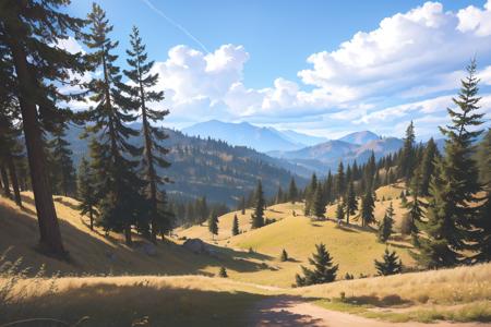 farcry5,mountains,cliffs,forest,trees,pine trees,stones,rocks,bushes,grass,scenery,nature,sky background,clouds in the sky,haze in the background,wide angle,hills,boulders,midday,landscape,path,trail,Extreme long shot,Medium wide shot,realistic shaded lighting,photorealism,sunny day,<lora:tyuty5756:0.7>, by oprisco,