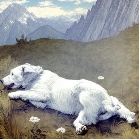 Evang, White dog, covered in white flowers on top of mountains painted by Norman Rockwell and William-Adolphe Bouguereau