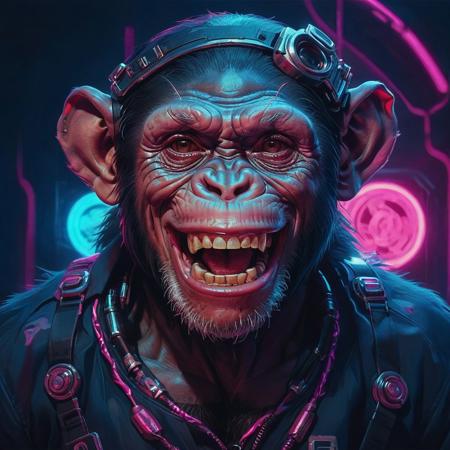closeup portrait of a chimp, cyberpunk, lucky laugh face, cyberpunk implant in head, highly detailed, evocative, high contrast, blue and pink neon lights as the background, lucky laugh face, tshirt pink weared