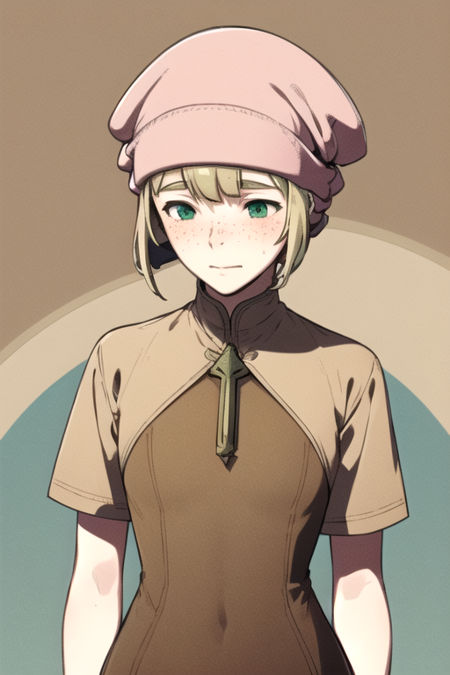 MaidenFE, 1girl, solo, short hair, blonde hair, dress, green eyes, short sleeves, capelet, freckles, brown dress, brown shirt, head scarf, brown capelet
