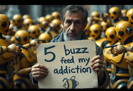 A cinematic shot of a frazzled yet wise homeless man looking at viewer, a crowd of bee colored robots surround the homeless man, the homeless man holds a sign with "5 buzz to feed my addiction" sloppily scrawled on it in a vaguely comic sans style and includes a vague illustration of a bee on the bottom. The robots are pointing at the homeless man in a humiliating and degrading way. The sign is very worn and the man appears quite ashamed