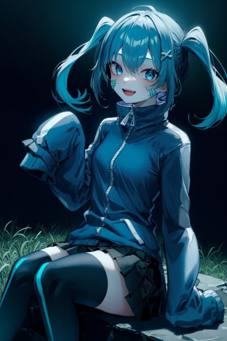 masterpiece, best quality, Ene, 1girl, solo, long hair, looking at viewer, smile, open mouth, blue eyes, skirt,  thighhighs, beautiful background, outdoors, wintails, blue hair, jacket, pleated skirt, black thighhighs, black skirt, sleeves past wrists, sleeves past fingers,  sitting,  <lora:Ene-v1:0.8>