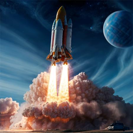 Rocket,  missile, airplane, space, planet, no humans, cloud, sky, flying, star_\(sky\), city, science fiction , super-reaslitic, 8k, best quality, moon,  <lora:rocketStart:0.95>