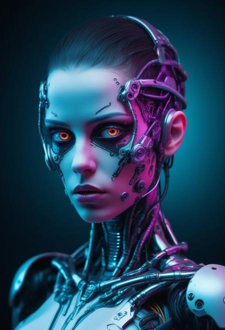 Cyborg biomechanical girl with a cyberpunk appearance with metal pieces on her face and body, with a glass appearance and very vivid neon-type colors, deep gaze, very stylized and feminine, big eyes, no hair
