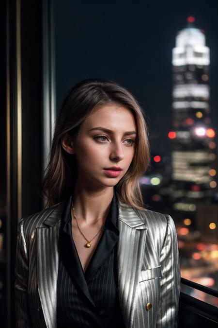GoldieB_SoloTI_v1,
(Tailored blazer in classic pinstripes over a silk blouse, paired with cigarette pants and delicate gold jewelry), (Sophisticated city skyline, bustling with professionals, the hum of traffic below, lights twinkling in skyscrapers, the aroma of espresso wafting from nearby cafes:1.3), (seductive:1.3),(analog, cinematic, film grain, hazy atmosphere, cinematic shot:1.3), 
 <lora:add_detail:0.6>,<lora:LowRa:0>, PA7_Portrait-MCU,