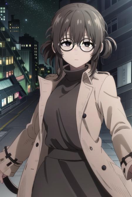 ankouguisu, <lora:anko uguisu s1-lora-nochekaiser:1>,
anko uguisu, short hair, brown hair, glasses, (black eyes:1.5),
BREAK dress, black dress, coat, turtleneck,
BREAK outdoors, city, night sky, night, moon, star \(sky\),
BREAK looking at viewer,
BREAK <lyco:GoodHands-beta2:1>, (masterpiece:1.2), best quality, high resolution, unity 8k wallpaper, (illustration:0.8), (beautiful detailed eyes:1.6), extremely detailed face, perfect lighting, extremely detailed CG, (perfect hands, perfect anatomy),