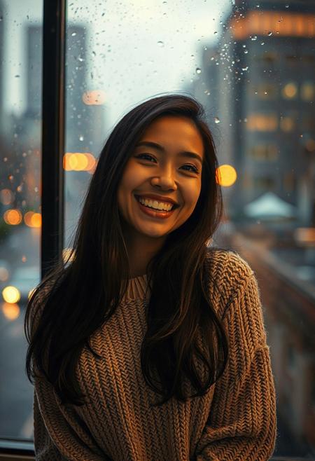 (masterpiece, best quality, ultra-detailed, 8k), full-body portrait of a happy woman indoors, (rainy evening city background through window:1.2), rain-speckled glass, soft city lights blurred outside, (warm cozy lighting:1.3), big bright smile, long dark hair, wearing a chunky knit sweater, relaxed and joyful mood, cinematic composition, soft focus, (comfort and peace), bokeh, golden glow, cozy atmosphere, (realistic skin texture), natural pose, subtle reflections on glass, (intimate mood), warm color palette
