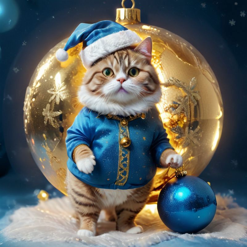 A cute cat wearing a blue shirt and holding a Christmas ornament.