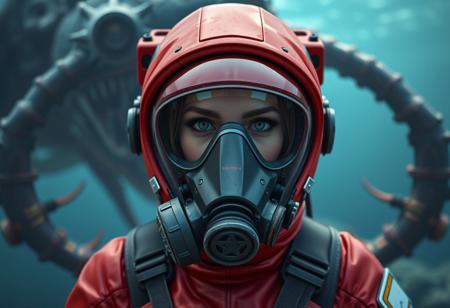 "Create a hyper-realistic, orthographic front view of a bimbo-style woman wearing a red flexiseal space suit and a gas mask, with intricate clothing textures and details. The suit should have elements inspired by Subnautica's design. The background features a menacing sea creature from the game. Produce a high-definition, 8K render using Unreal Engine or a similar program, aiming for a cinematic, sci-fi movie feel. Symmetry, global illumination, and depth field should be utilized to enhance the overall grimdark atmosphere."