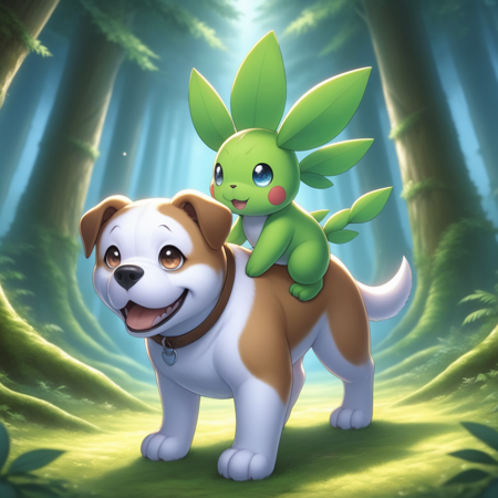 <lora:doggyback_v1.16:0.8>, doggybackride, dog, pokemon, Bulldog, dog walking, pokemon sitting on dog, dog giving a pokemon a piggy back ride, magical forest, night, fireflies, Mushrooms, dirt, trees, grass-type