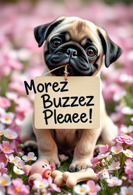 Create an image of an adorable pug puppy holding a sign on a string in its mouth. Hes sitting in a bed of flowers, The sign should read, 'Morez Buzzez Pleeze !' with a charming and playful design. Soft plushy toys and dog bones on the ground, The puppy's expression should be irresistibly cute and expressive, making a shameless yet endearing plea for attention and support
