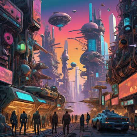 A photo of a detailed, hyper-colored digital illustrations featuring a vibrant blend of sci-fi elements and fantasy themes. High-quality image showcasing a chaotic, dystopian cityscape in the background, teeming with cyberpunk
machinery. In the foreground, a whimsical group of intricately-drawn, anthropomorphized animals, bearing human-like expressions, dressed in retro-futuristic attire. The picture is reminiscent of the striking artistry styles of Moebius and Enki Bilal, gelbooru tags include cyberpunk, cityscape, animals, highres, sci-fi and dystopian.