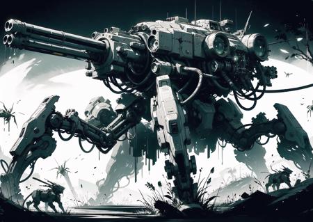 ((masterpiece)), (((best quality))),
<lora:daem4:0.9>,
(daem style:1.3), 
((ultra-detailed)),, (mecha (spider):1.3), (mecha:1.3),(ink painting:1.3),monochrome, greyscale, 
mecha, weapon, no humans, gun, solo, green body, green mecha, science fiction, blue eyes, holding weapon, holding, cable, holding gun, from side,