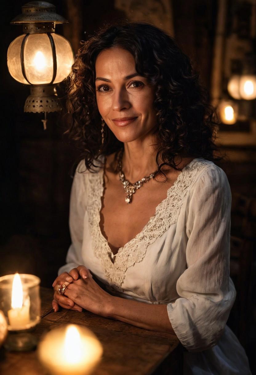 safe_pos, A night time photo of a beautiful woman, (50 years old:1.5), with long curly black hair, pleasant smile, wearing a white dress, jewelry, sitting, skinny, narrow hips, slim petite body, (medium breasts:1.3), sitting inside a cozy medieval cottage, (perfect hands:1.5), (cinematic), (dark, high contrast), (intricately detailed eyes:1.5), (subsurface scattering:0.9) lit by Victorian lanterns, full body view. shallow depth of field, vignette, highly detailed, high budget, bokeh, cinemascope, moody, epic, gorgeous, film grain, grainy, dark shadows, DarkFantasy, photo, cinematic,