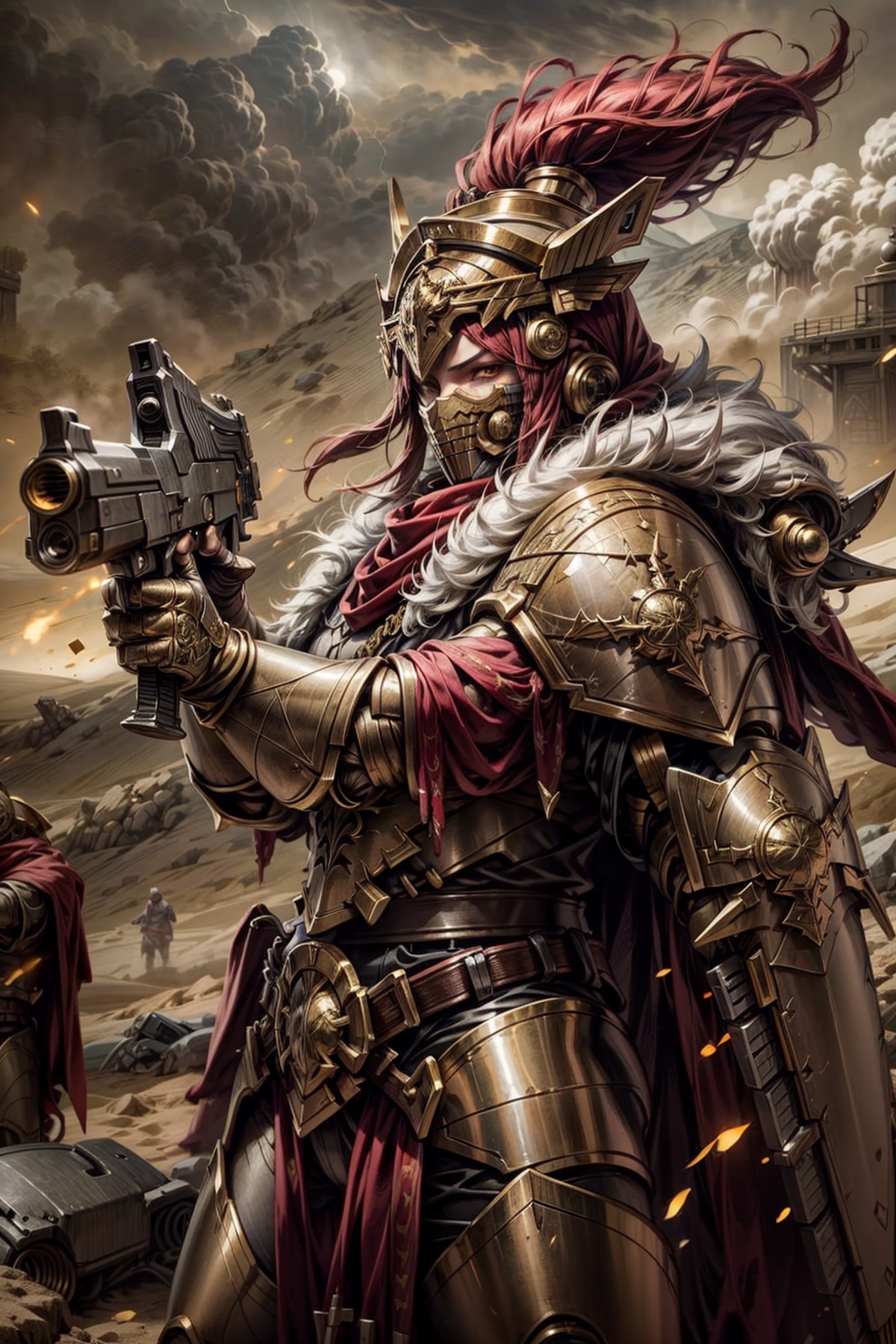 photo of 1girl, wearing thunderwarrior armor, intricate mask, helmet details, red plume, full armor, gold armor, armor det...
