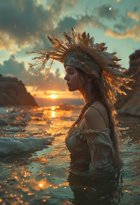 a photo portrait of soul
 (huge source of light in the center:1.5),Indian feather headdress, desert in the background, Indian bridge with a panoramic view of the city. The scene is illuminated by neon lights from nearby buildings, adding a mystical quality to the ambiance. In this mythical night scene viewed from high above, the panorama unfolds with breathtaking grandeur. A majestic planet hangs like a luminescent jewel in the cosmic tapestry, its rings shimmering with ethereal beauty. Nebulous star clusters form swirling galaxies, their cosmic dance painting the heavens with hues of celestial wonder. A celestial ballet of shooting stars streaks across the firmament, leaving ephemeral trails of stardust in their wake. The atmosphere is alive with an aurora of shimmering colors, weaving ribbons of light through the velvety darkness.
Fantastical clouds, resembling enchanted creatures from ancient myths, drift gracefully across the night sky, their billowing forms illuminated by the soft glow of distant stars. Below, the tranquil sea glimmers under the moon's silvery embrace, its surface a mirror reflecting the luminous spectacle above. Waves gently lap against the shores, adding a soothing rhythm to the symphony of celestial beauty. This mythical night scene transports observers to a realm where imagination and reality merge in a breathtaking display of cosmic artistry., HDR, of slouchy joggers paired with a cropped