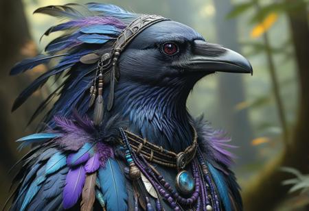 corvidfolk, mystical shaman, blue and purple feathers