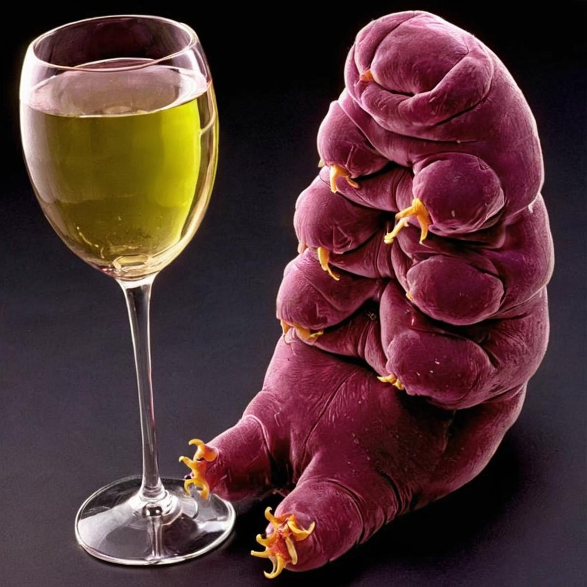A purple creature with a glass of wine.