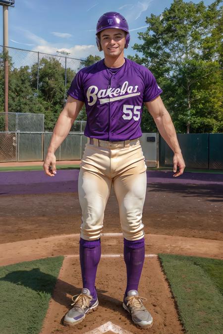 outdoors, ((baseball field)), standing at home plate, CFConnor, baseballplayer, baseball slugger, baseball uniform, eggplant purple jersey, jersey number 5, ((pale gold pants)), eggplant purple socks, black sneakers, eggplant purple helmet, smiling, (((full body portrait))), wide angle   <lora:Clothing - Sexy Baseball Player:0.65>    <lora:CFConnor:0.8>