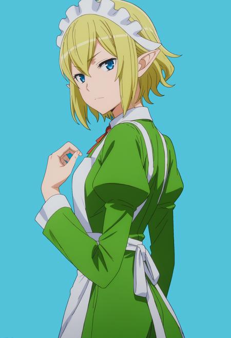 ryuu green cloak, hooded cloak, cross-laced clothes, tank top, green panties, beige belt, elbow gloves, thigh boot, maid, green maid outfit, apron, blonde hair, blue eyes, elf,