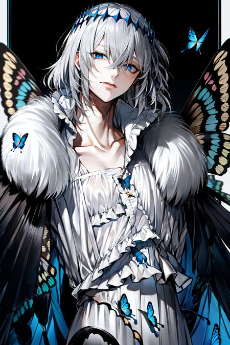 au \(d elete\), black background, blue eyes, bug, butterfly, closed mouth, crown, diamond hairband, fate/grand order, fate \(series\), fur collar, fur trim, grey fur, grey hair, hair between eyes, high collar, highres, insect, insect wings, looking at viewer, male focus, medium hair, oberon \(fate\), oberon \(third ascension\) \(fate\), shirt, solo, upper body, white shirt, wings, ((masterpiece))   <lora:au_d_elete_offset:1>