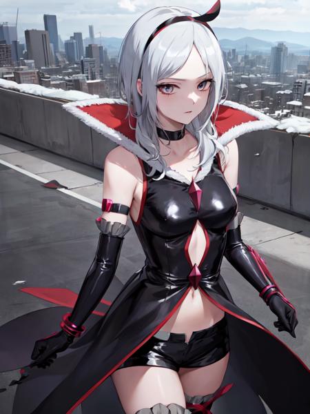 eas-sama headband, frilled thighhighs, armlet, shorts, black elbow gloves, stomach cutout, blesslet