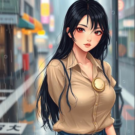score_9, score_8_up, (high quality), highly detaily ,  Expressiveh, solo, beautiful, 1 girl, Asian, wet, a girl on the (street) on a rainy day, loose hair, black hair, bright dark eyes,  glossy lips, wet clothes, (big breasts), perfect body,  wearing a blouse and pants