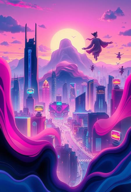 The town features a futuristic cityscape with glowing neon lights, abstract flowing shapes merging into the skyline, soft gradients blending between dusk and dawn, and ethereal figures floating in the air, all rendered in a fluid, dreamlike style, emphasizing vibrant colors, motion, and high contrast. The entire composition is vivid and dreamy, evoking a sense of wonder.